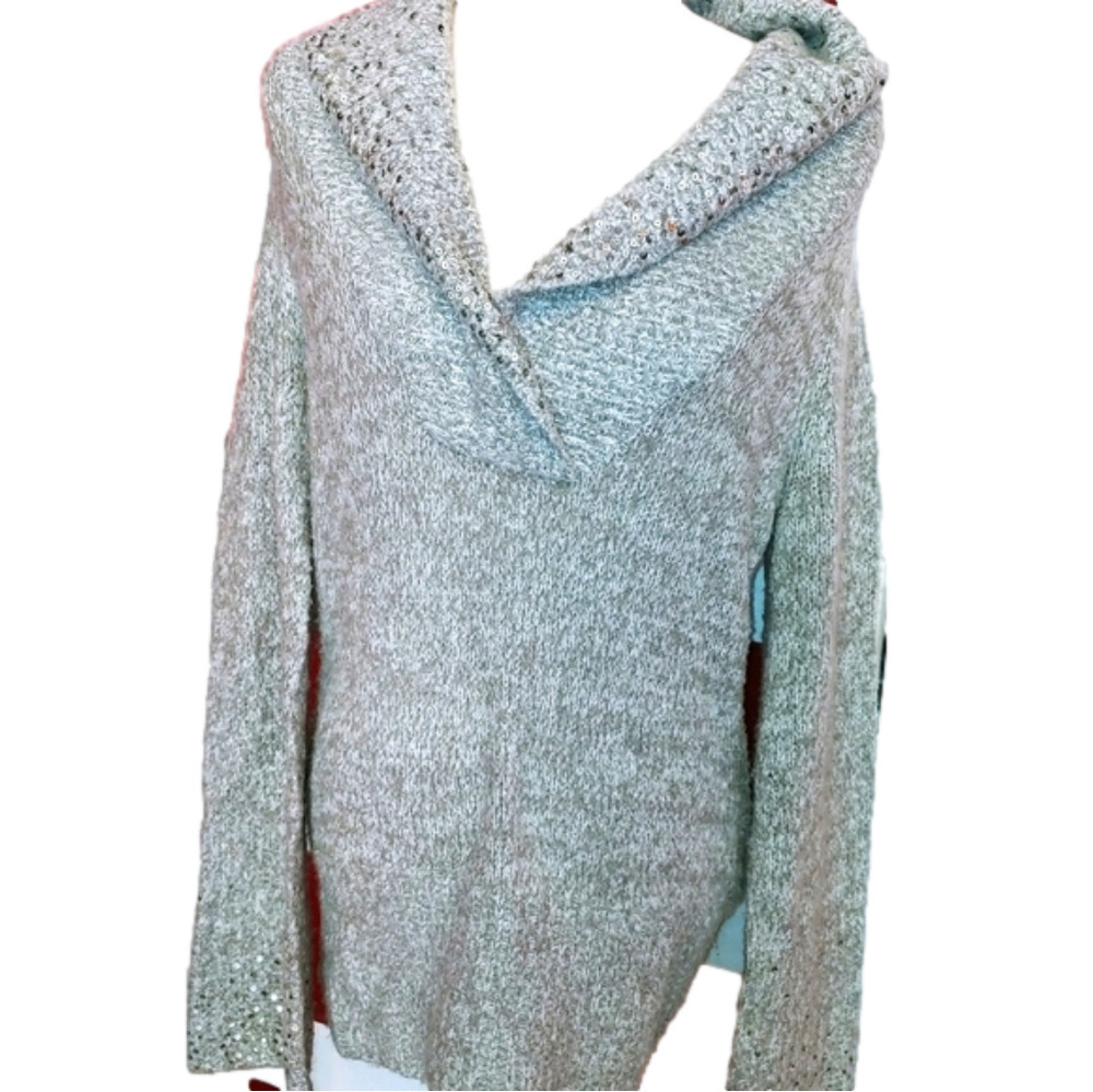WHBM Gray Sequin Pullover Sweater L
